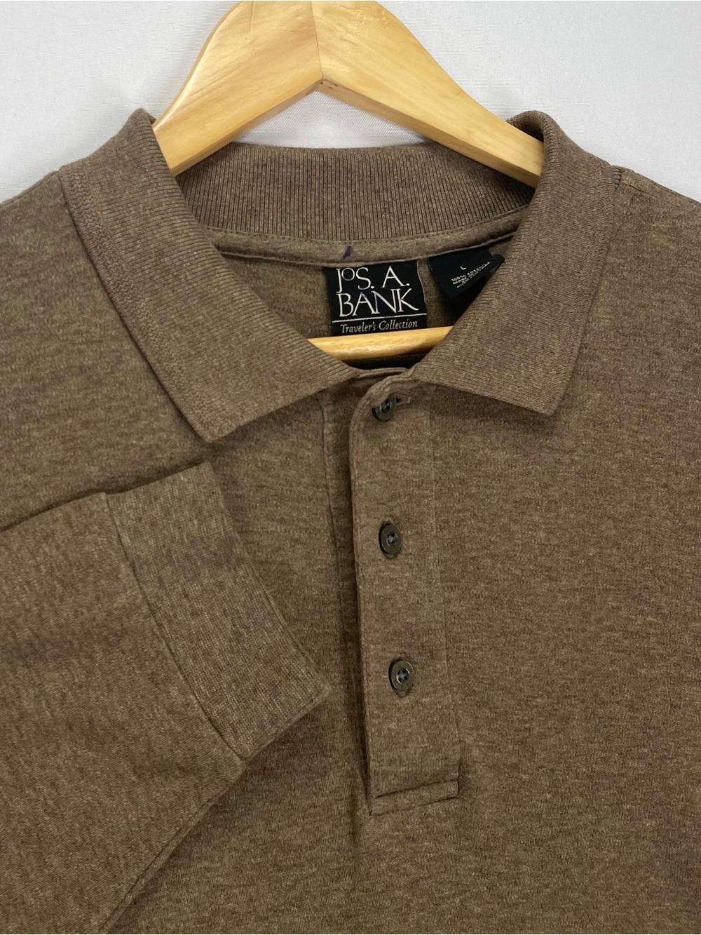 Jos A Bank Travelers Collection Shirt Men’s L Brown Long Sleeve Polo 100% Cotton